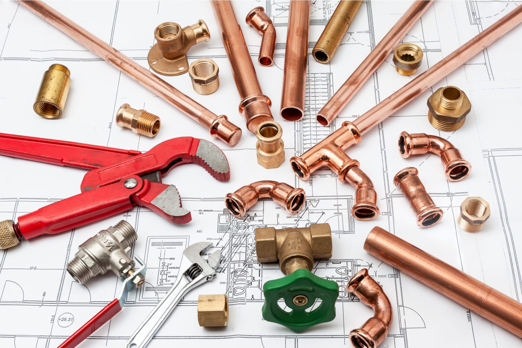 Copper pipes, fittings, valves, and plumbing tools in Palm Springs