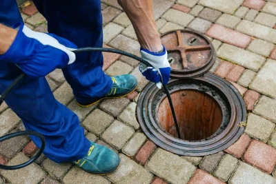 Plumber cleaning an outdoor sewer drain in Palm Springs