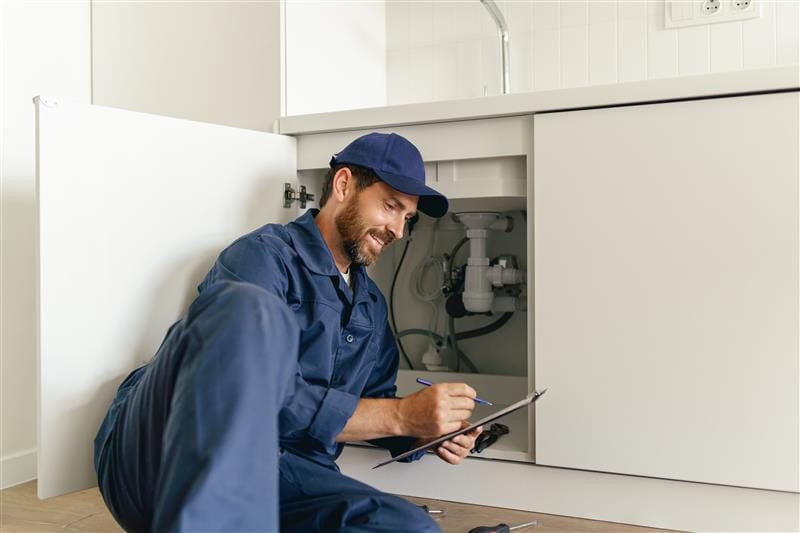 Residential plumber reviewing plumbing repairs in a Palm Springs kitchen