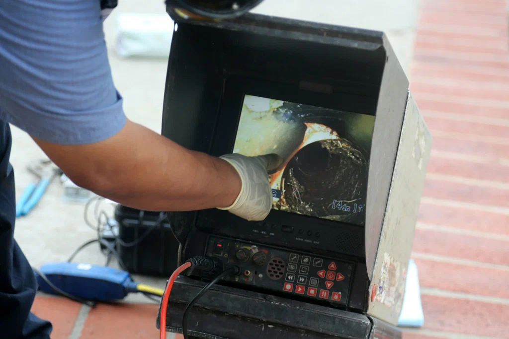 Technician viewing a drain inspection camera in Palm Springs