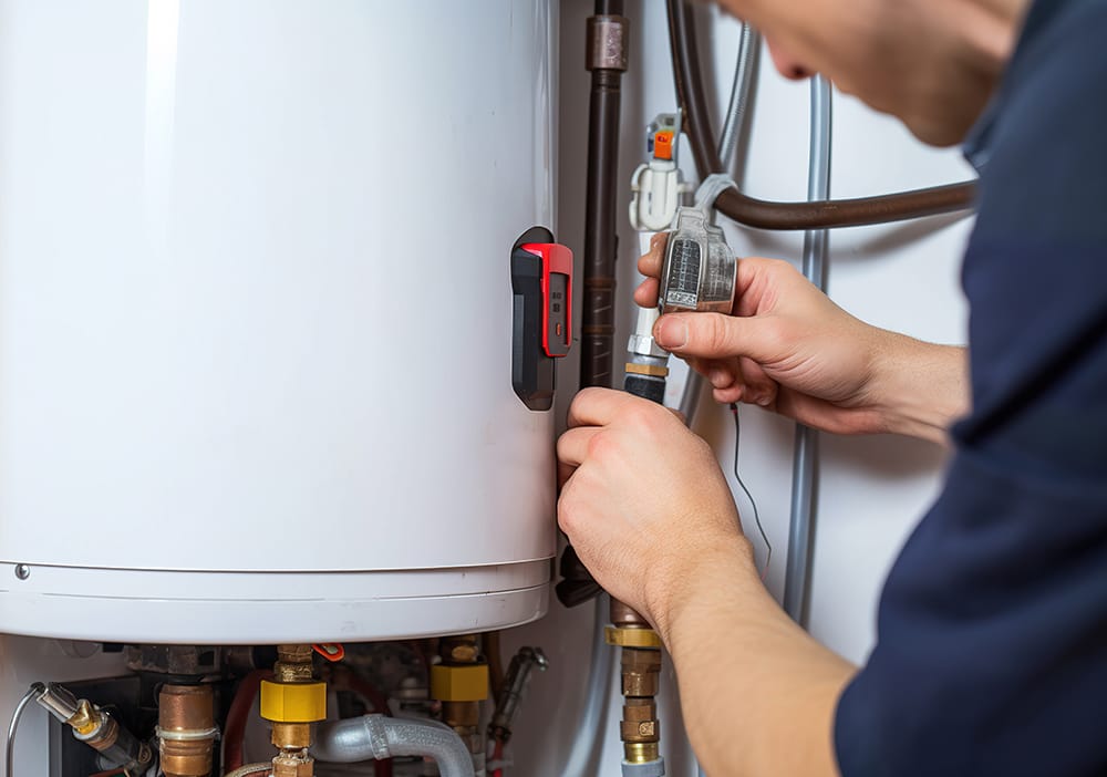 Technician repairing pipes connected to a water heater in Palm Springs